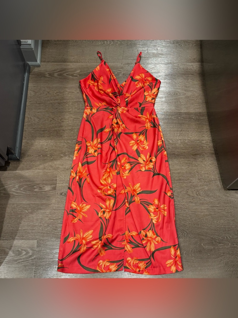 Taylor Red Midi Slip Dress with Orange Floral Motif